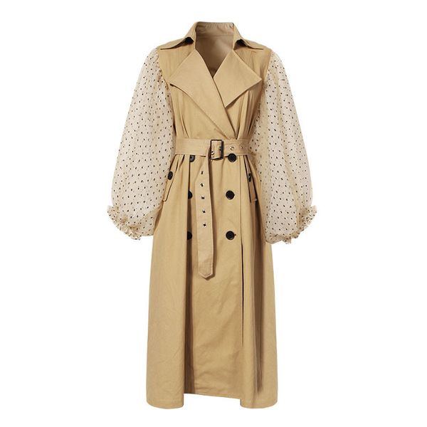 

spring autumn patchwork polka dot lantern sleeve trench coat female high waist lace up women's windbreaker fashion coats j409, Tan;black