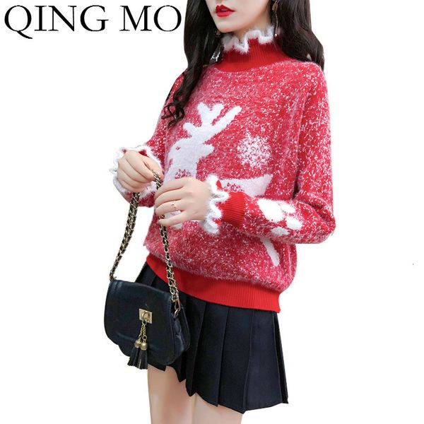 

qing mo black red blue women winter sweater 2019 women deer printed sweater female full sleeve knitted zqy2337, White;black