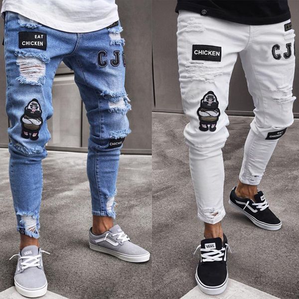 

мужские хип-хоп тонкий отверстие леггинсы значок стрейч джинсы, Blue