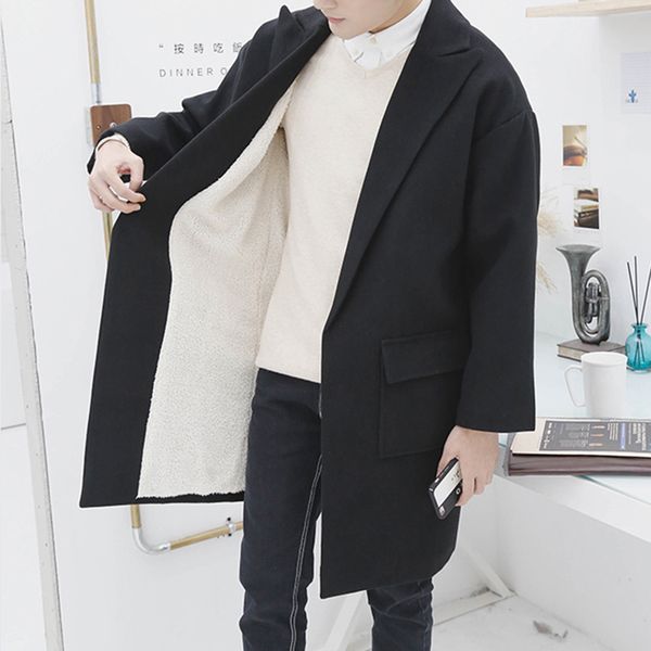 

мужская шерсть смеси ягненка кашемир лайнер пальто отворот воротник теплый длинный мужской пальто толстые свободные твердые k063, Black