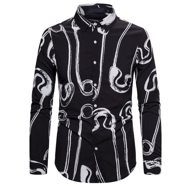 

men blouse fashion casual long sleeve printed shirt slim fit male social business shirt punk men clothing soft comfortable, White;black