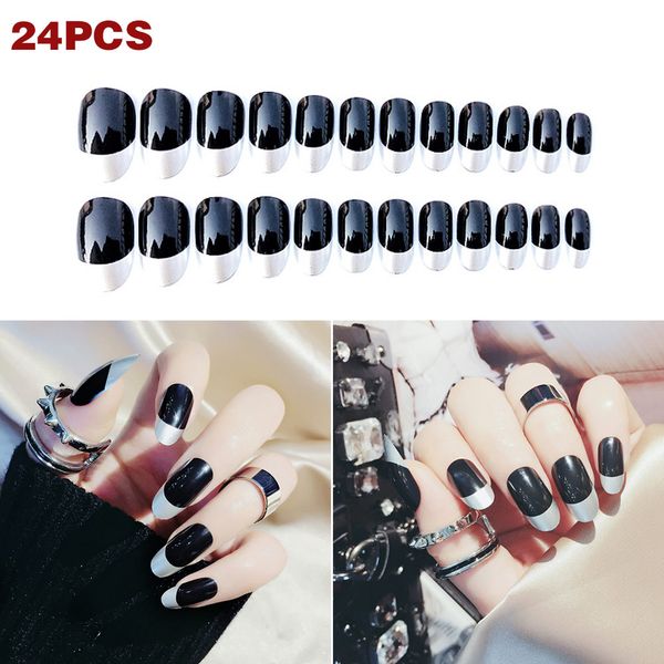 

24 pcs/set false nails tip round long bling nail art artificial tips accessories with 2g glue ldo99, Red;gold