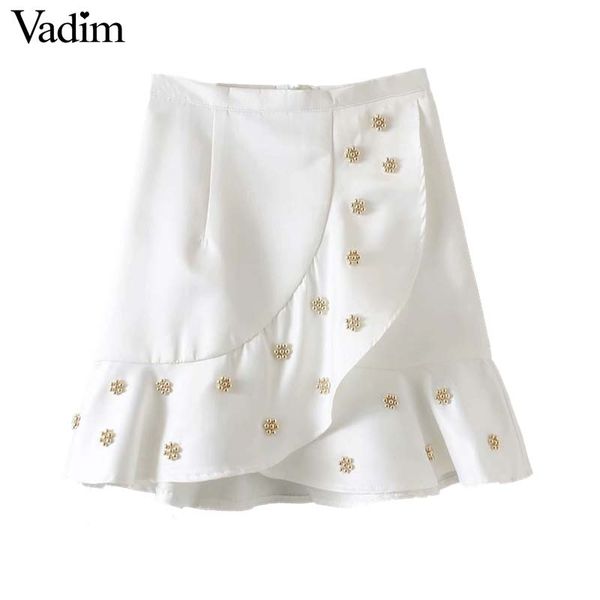 

vadim women chic beading decorate mini skirt faldas mujer ruffles back zipper female casual stylish a line skirts ba543, Black
