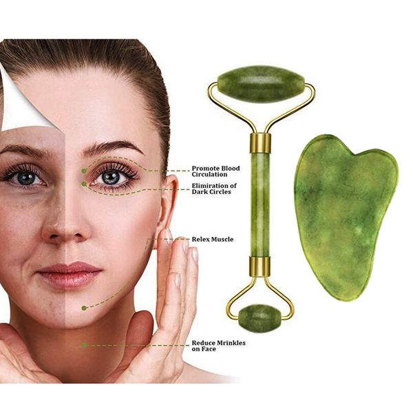 

stock jade roller & gua sha scrapping tool set aging facial massager,authentic jade stone roller for face,natural f