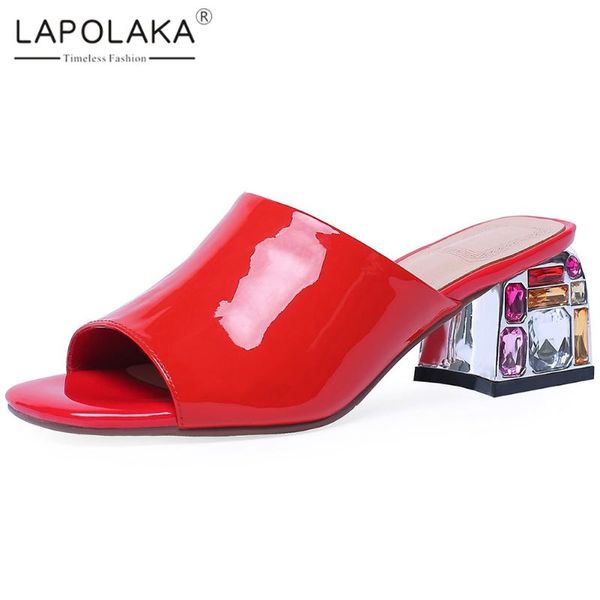 

lapolaka new arrivals mules cow leather peep toe slip-on summer pumps woman shoes crystal chunky heels casual shoes women, Black