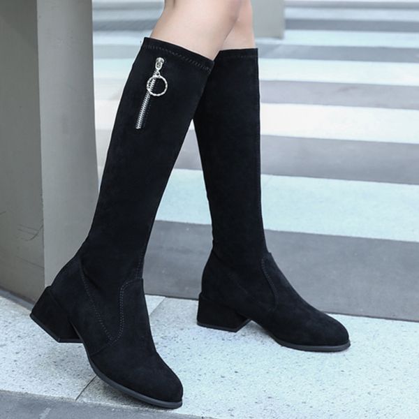 

winter boots women square med-heels knee-high boots for women pure black elastic woman autumn shoes pointed toe botines 2019#g32