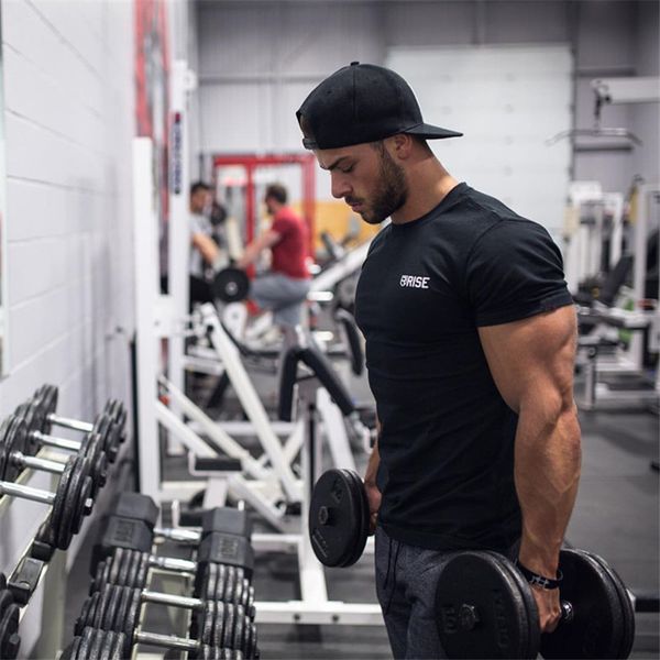 

jogger men gym t shirt fitness bodybuilding crossfit cotton shirts short sleeve workout male sport runners tee men clothing, Black;red