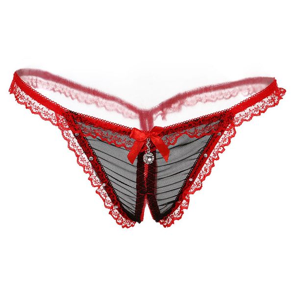 

lingerie for women erotic lace translucent temptation thongs plus size chastity belt open crotch beading panties, Black;pink
