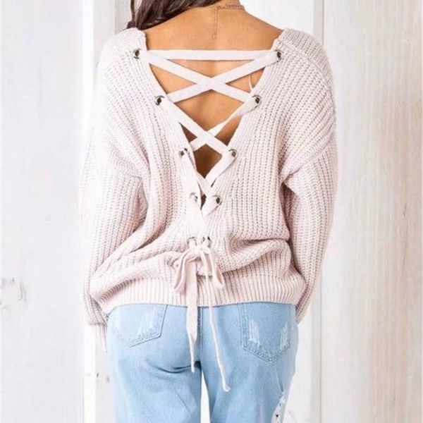 

women's sweaters women fall winter long sleeve club v back criss cross bandage knitted pullovers jumpers neck, White;black