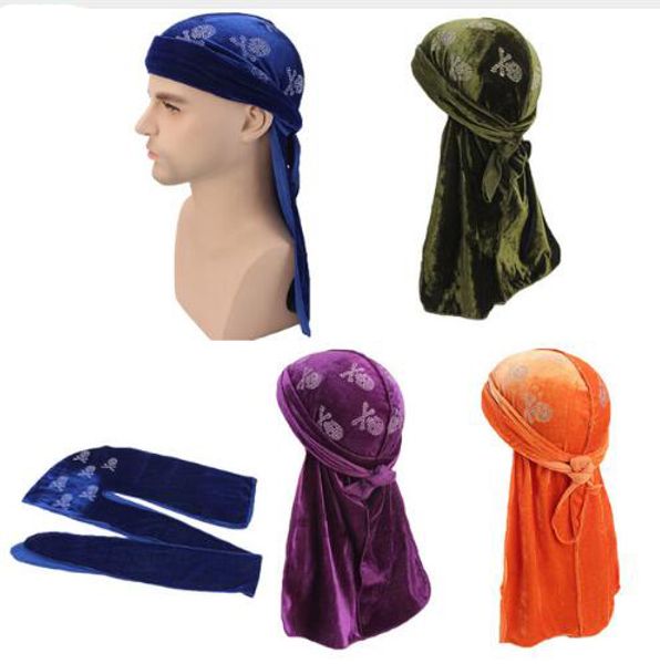 Cappello Bandana traspirante unisex uomo donna velluto Durag do doo du rag copricapo coda lunga berretto chemio con stampa strass teschio