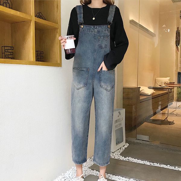 

women college loose slim denim overalls jumpsuit romper wind retro casual wide leg denim jumpsuit woman pants jean bodysuit, Black;white