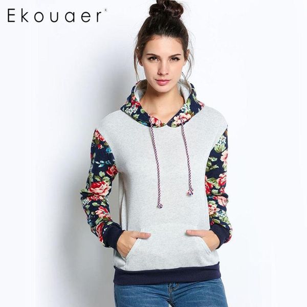 

women's hoodies & sweatshirts women casual hooded long sleeve patchwork floral loose leisure sports hoodie with hat female fashion outw, Black