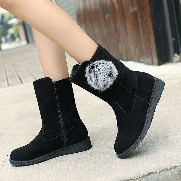 

women's short boots hairball 2019 winter snow boot lady fashion suede warm fur shoes mid-calf flat heel botas outdoor skiing, Black