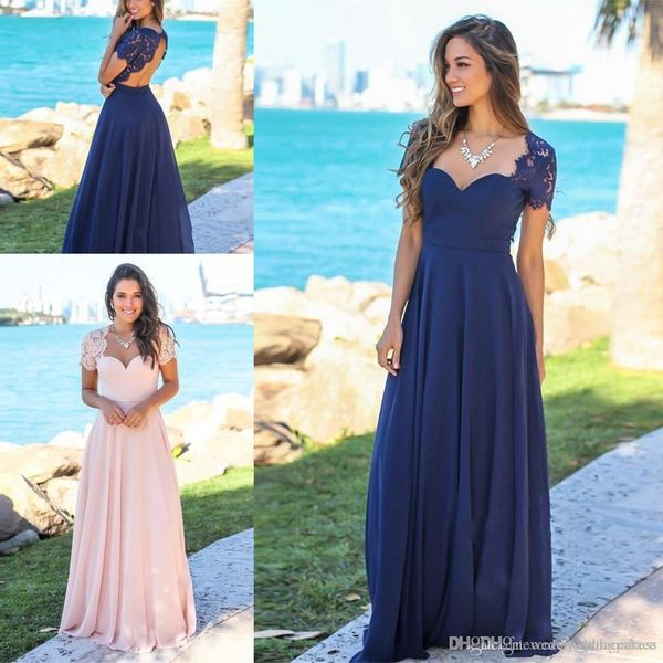 Abiti da damigella d'onore in pizzo a maniche corte blu navy economici Abiti da sposa lunghi in chiffon senza schienale in chiffon Plus Size Abiti da sposa