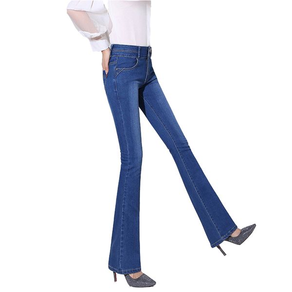 

fashion high waist flare jeans women plus size stretch slim wide leg pants denim casual trousers female long straight pants 3108, Blue