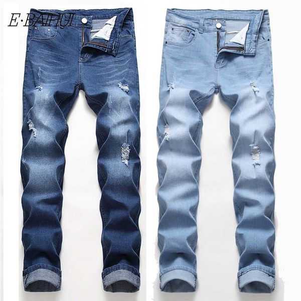 

e-baihui 2019 spring new men's elastic cotton stretch jeans fashion pants loose fit denim trousers europe size men's jeans l329, Blue