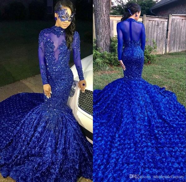 Royal Blue negras Mermaid Longo Prom Vestidos mangas compridas Floral 3D Saia Lace Applique frisada Formal vestido de festa vestidos de noite