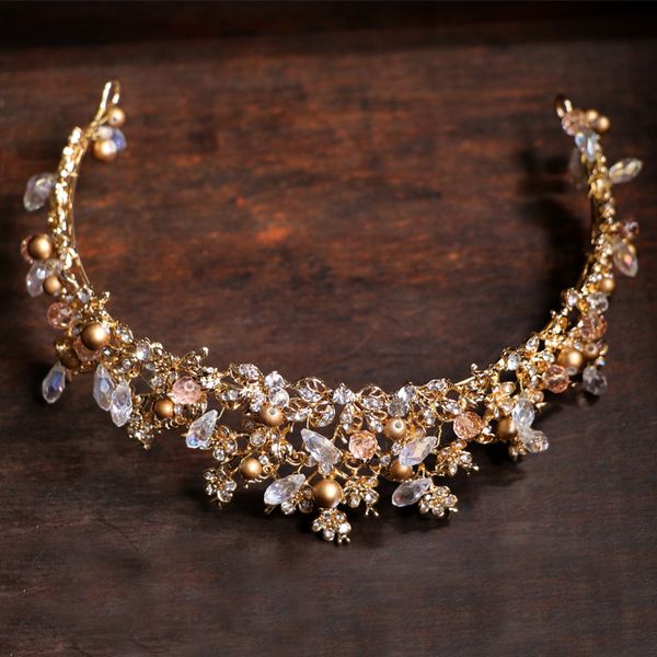 

crown wedding hair accessories tiara handmade golden bridal crowns vintage beauty tiaras crystal gold pearl prom headpiece, Golden;white