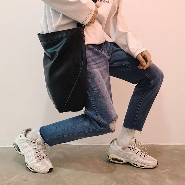 

2018 весна и осень молодежная мода тенденция японский дикий колледж стиль высокое качество взрыв модели мальчиков тонкий отверстие джинсовые, Blue