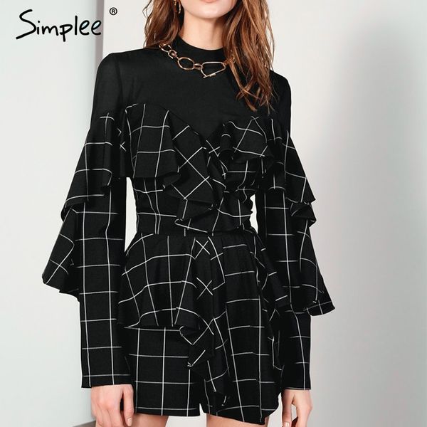 

simplee elegant office lady plaid dress ruffled long sleeve mini dress streetwear straight o-neck autumn chic short party dress, Black;gray
