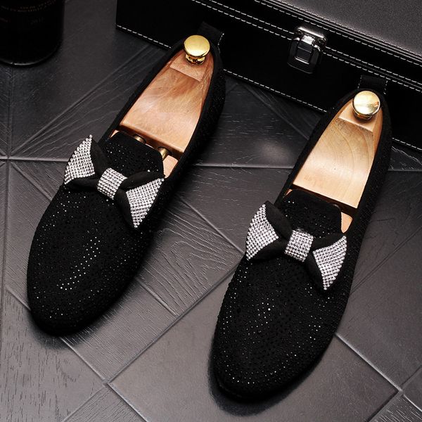 

fashion men pointed toe bowtie rhinestone loafers oxfords sapato social masculino dress groom prom wedding shoes for gentleman, Black