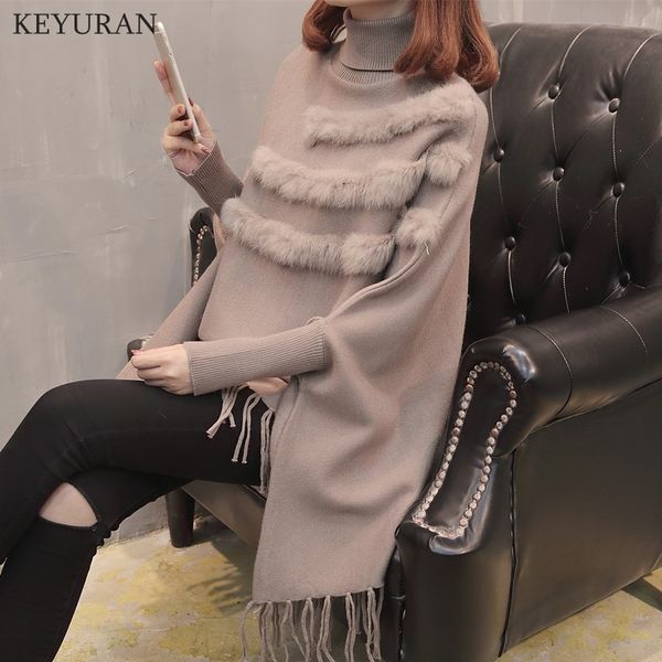 

women fur cloak pullover sweater new arrival fashion autumn and winter lady high collar bat sleeves tassel poncho female, White;black