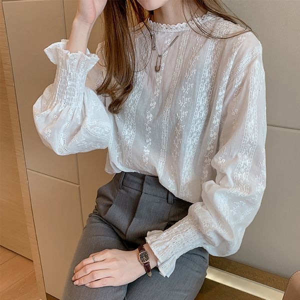 

осень повседневная одежда корейский стиль пуловер flare рукавом кружева топы повседневная женская блузка рубашка, White