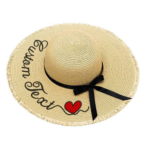 

embroidery personalized custom text your name women sun hat large brim straw hat outdoor beach summer cap dropshipping, Blue;gray