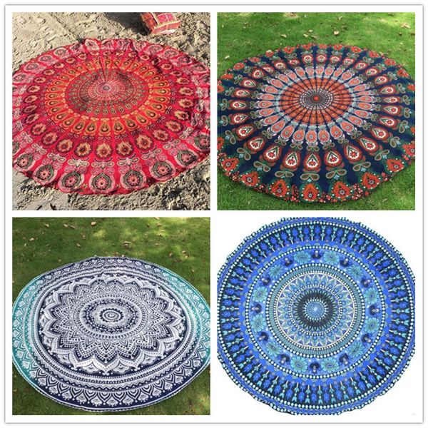 

beach rug circle polyester european american style peacock tail cartoon printed lady wraps beach towel summer picnic rug wy530q, Red;brown