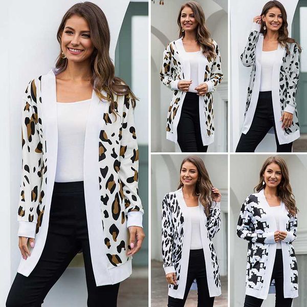 

women coats and jackets spring winter casual leopard print knit cardigan coat, Black;white