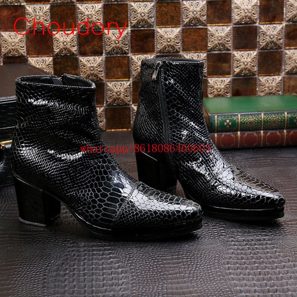 

choudory mens shoes high heels ankle boots snake skin genuine leather boots large sizes rain men cowboy, Black