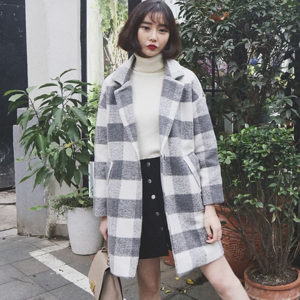 

ewq] single button full sleeve plaid thick warm student overcoat korea leisure loose long woolen coat 2019 winter new ql06702, Black