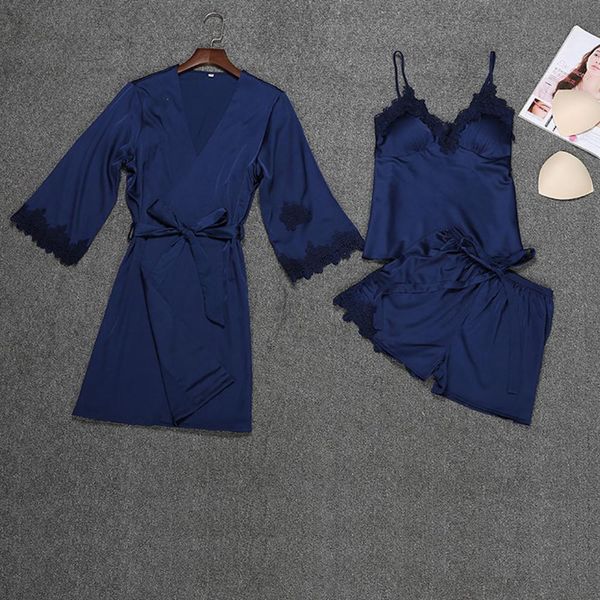

silk satin robe pajama set lace bathrobe+shorts 3 pieces summer spring sleepwear nightwear set for women sleepwear, Black;red