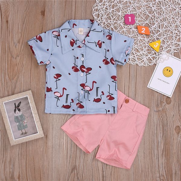 

boys kids clothes outfits animal printed short-sleeved turn-collar shirts +pink shorts two piece sets kids designer clothes boys mjy595, White
