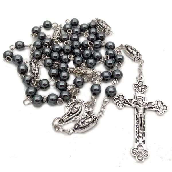 

no magnetic black bile beads necklace retro cross catholic religion jewelry, Silver