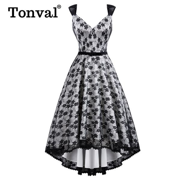 

tonval floral lace overlay high low hem midi ladies long dresses party night banquet elegant women vintage dress, Black;gray