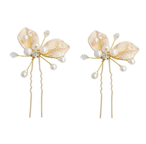 

new fashionable and simple gold leaf hairpin, pearl crystal insertion needle, bride and children's hair coil, wedding dress accessories, Slivery;golden