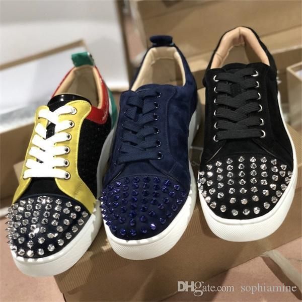 

red bottom shoes seavaste 2 spikes leather low-trainers real leather with strass studs men women flat shoes 32, Black