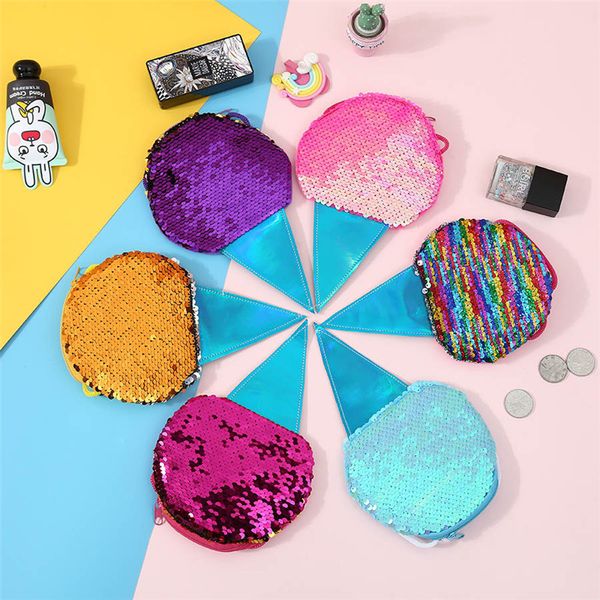 

holiday gift 6 styles ice cream mermaid sequin coin purse with lanyard outdoor portable cartoon glitter party storage wallet bag dh0503 t03