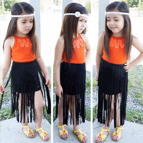 

pudcoco girl set us kids baby girls 2pcs outfits boho flower +tassels maxi skirt 2y-8y su, White