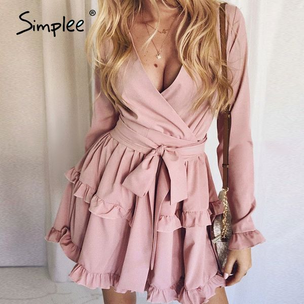 

simplee v-neck women dress ruffled long sleeve solid work sash summer dress streetwear ladies chic holiday party 2020, Black;gray