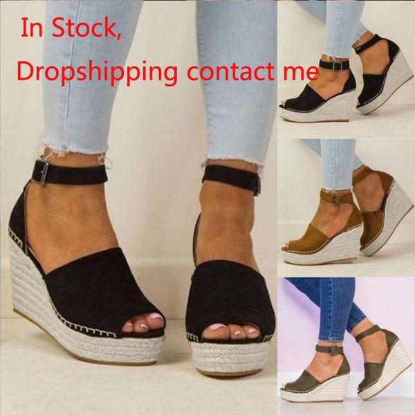 

espadrilles shoes sandals women fashion dull polish sewing peep toe wedges hasp sandals flatform summer 2019ju29, Black