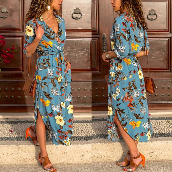 

women split long dress summer floral print maxi chiffon elegant long sleeve office party shirt dress beach dress, Black;gray