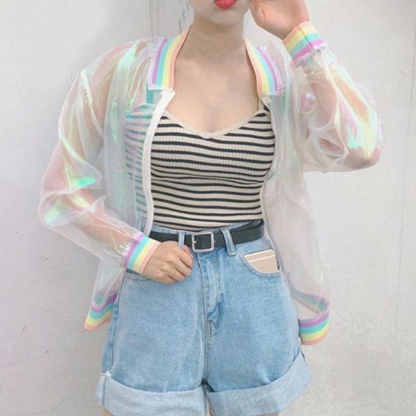 

womens coats woman jacket women laser rainbow symphony hologram women coat iridescent transparent bombe sunproof jacket good quality, Black;brown