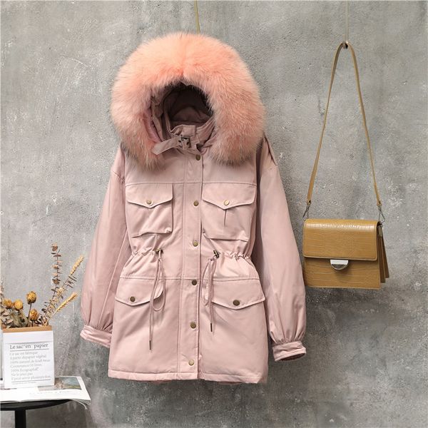 

new big fur collar hooded parkas jackets women winter long sleeve outdoor wind thick warm down puffer jacket parka coat tooling, Black