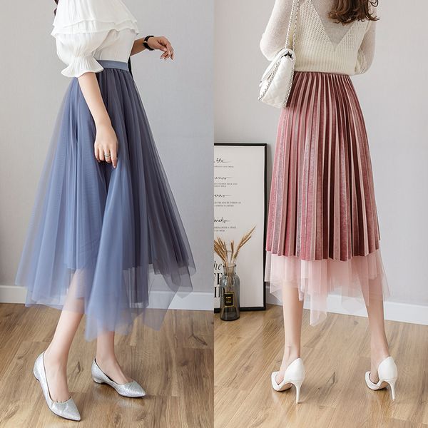 

2019 fairy princess tulle skirts irregular elasitc waist two wearing ways pleuche pleated skirts long gauze net tulle, Black