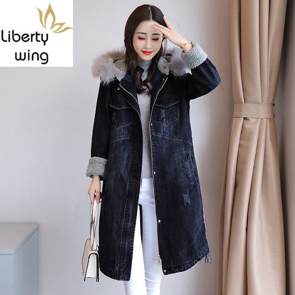

winter thick warm lambswool women trench coat boyfriend style loose fur collar hooded cowboy overcoat female denim windbreaker, Tan;black