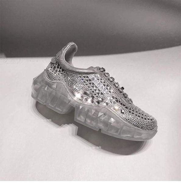 

2019 fashion luxury designer women shoes casual crystal rhinestone white platform sneaker bling womens sneakers sports trainers shoe005, Black