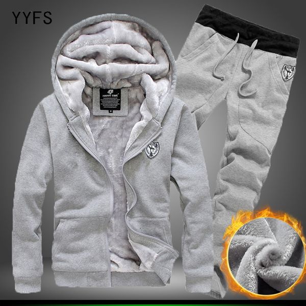 

plus velvet tracksuit men winter sportswear hooded zipper jacket + long trousers two-piece casual slim men sets tide conjuntos, Gray