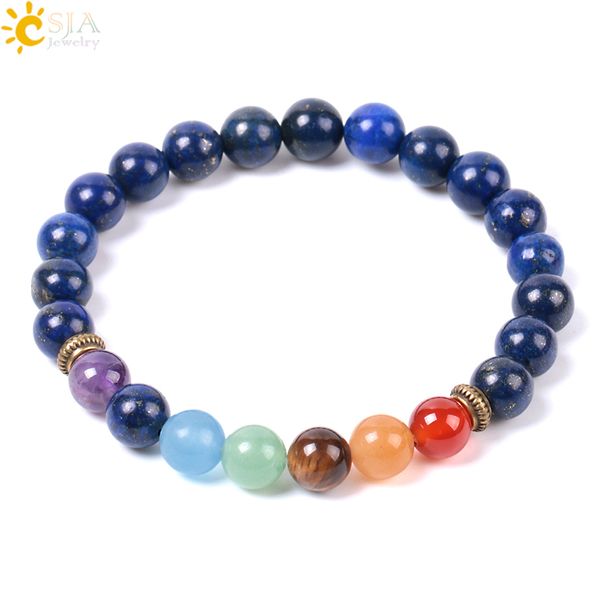 

csja natural gem stone blue lapis lazuli strand bracelets bangle healing yoga 7 chakra meditation reiki mala buddhism beads e959, Golden;silver